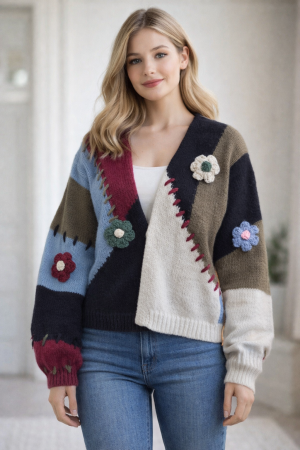Плетена жилетка с цветни апликации