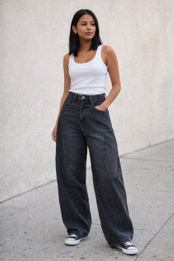 Wide Fit High-Waist Denim – Charcoal Black